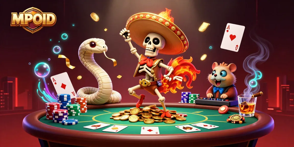 Experience the excitement of MPOID with a lively 3D scene featuring a victorious mariachi rooster and vibrant casino elements.