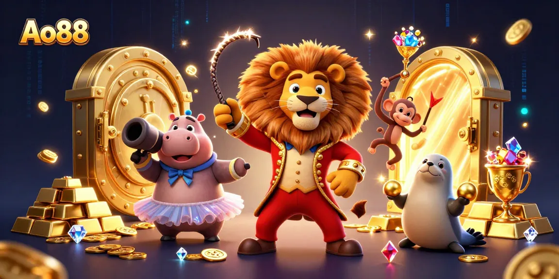 Experience the thrill of Ao88's casino world with dynamic characters and riches in this vibrant 3D illustration.