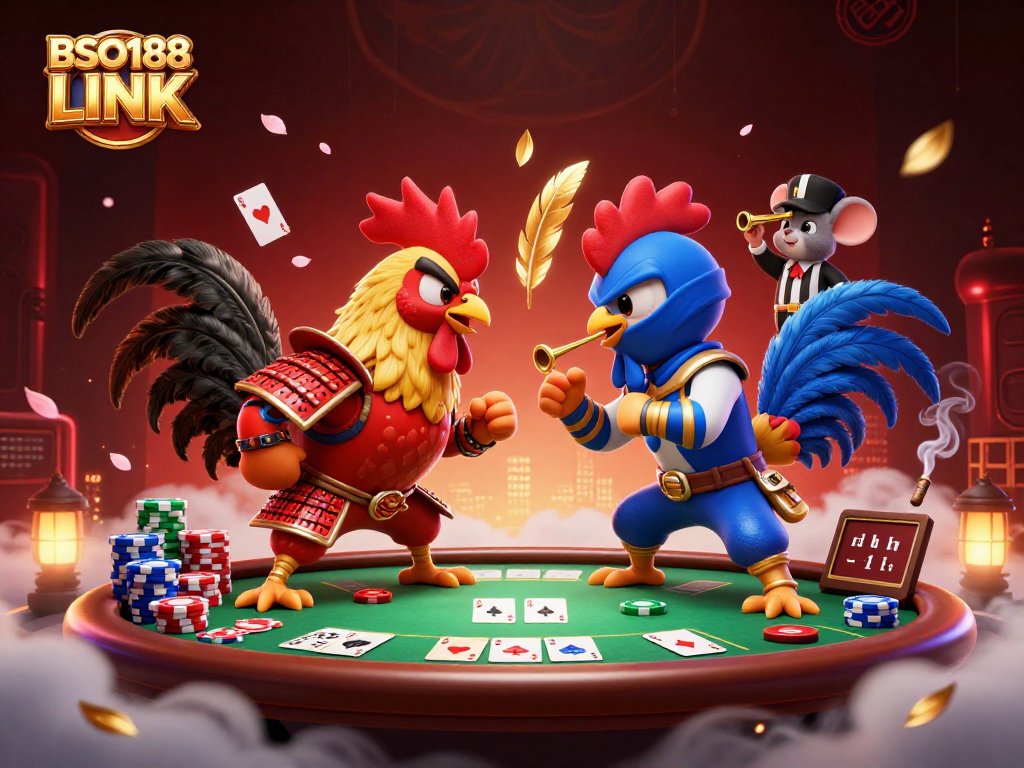 Engage with the thrilling BSO188 LINK fight between cartoon roosters at a vibrant poker table.