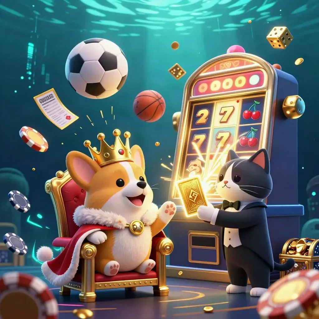 Crowned corgi and cat butler amid slot bursts, sports balls, gold, and neon casino light.