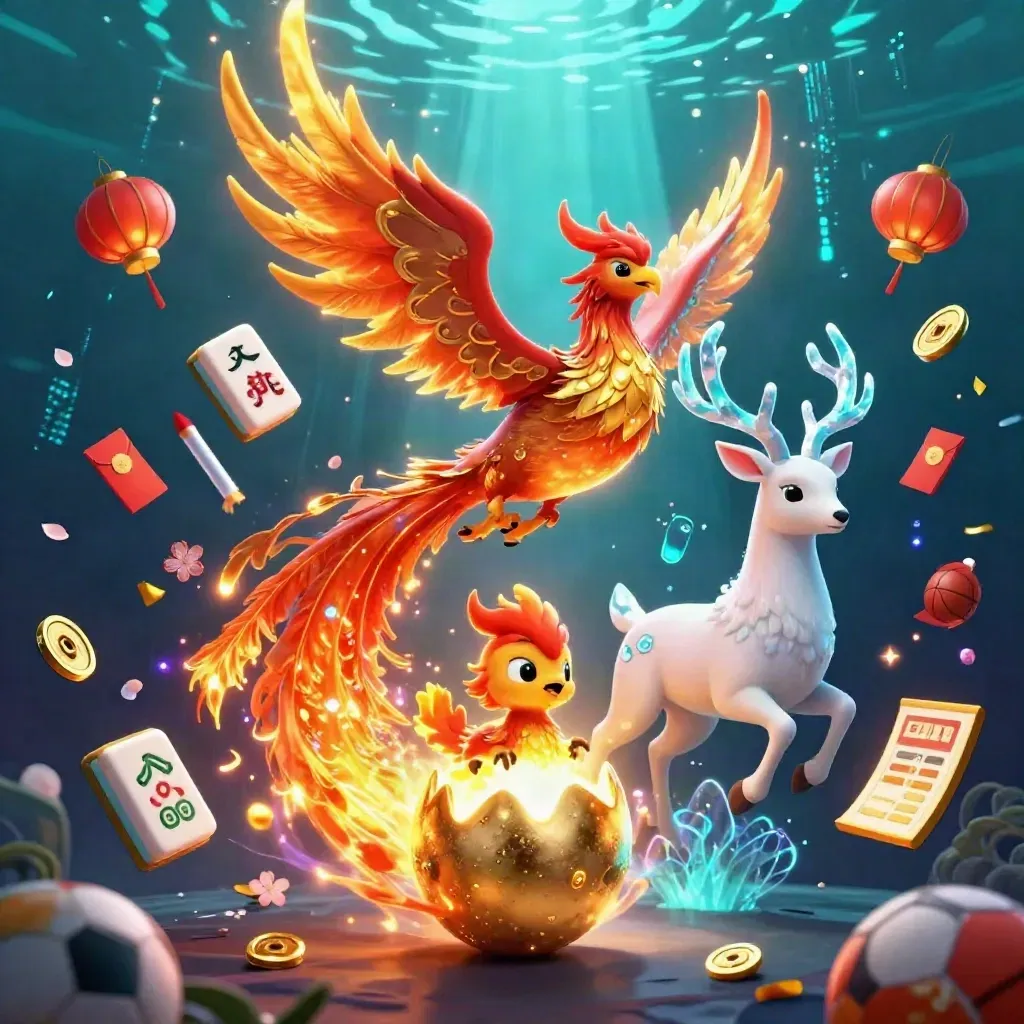 Fire phoenix, baby phoenix, and crystal stag amid casino symbols and neon light.