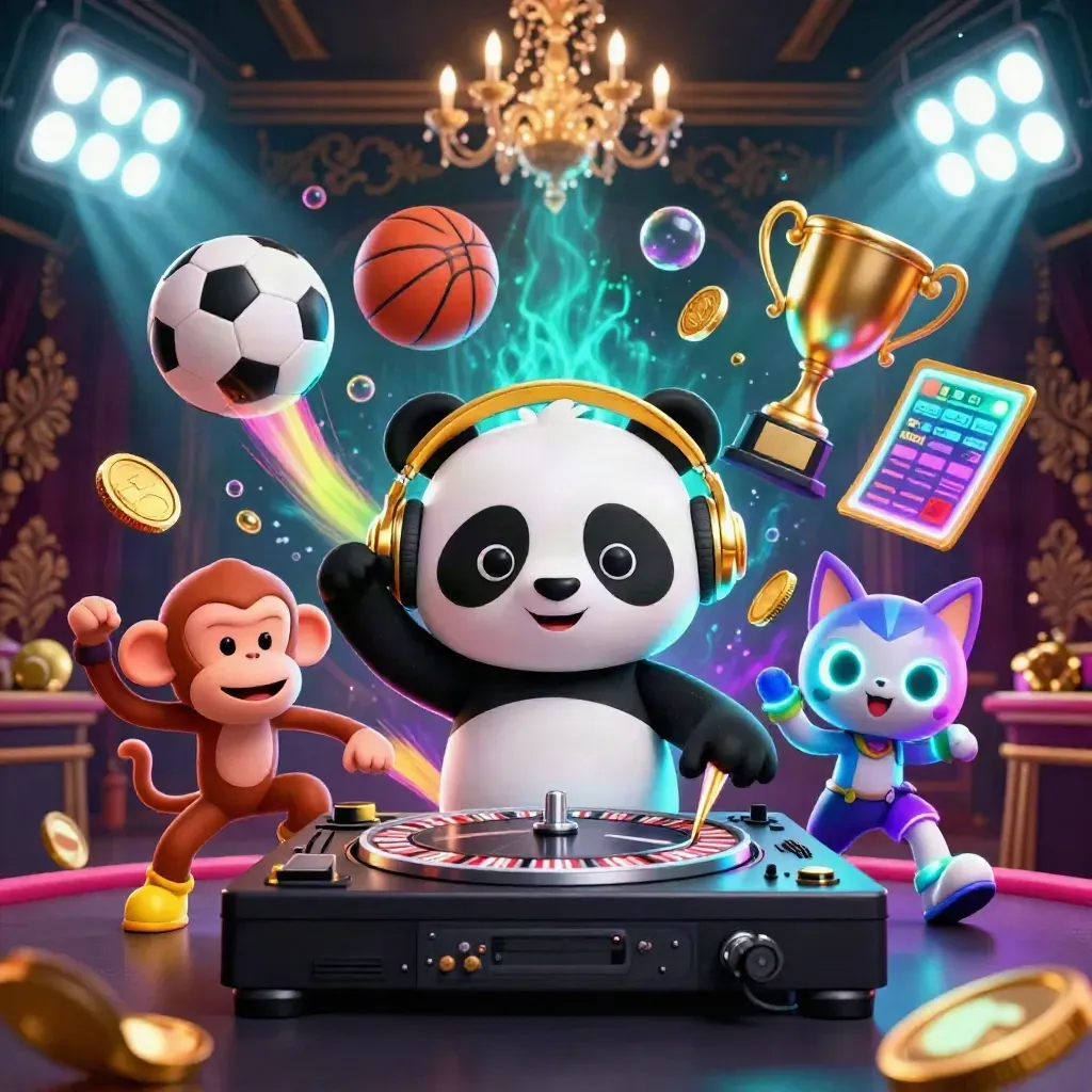 DJ panda, monkey, and glow kitten amid flying sports balls, coins, and casino lights