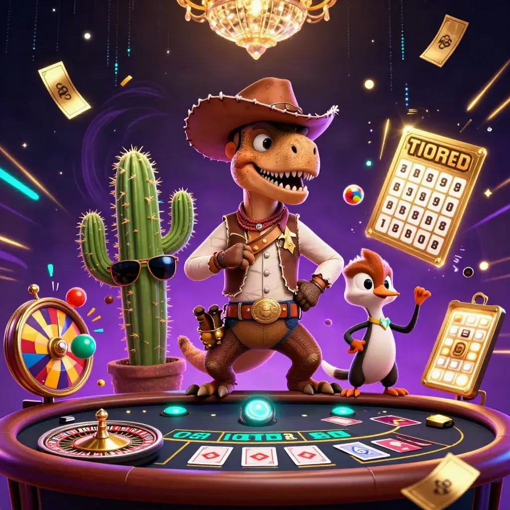 Cowboy T-Rex, cactus, and roadrunner in a neon casino-western splash scene