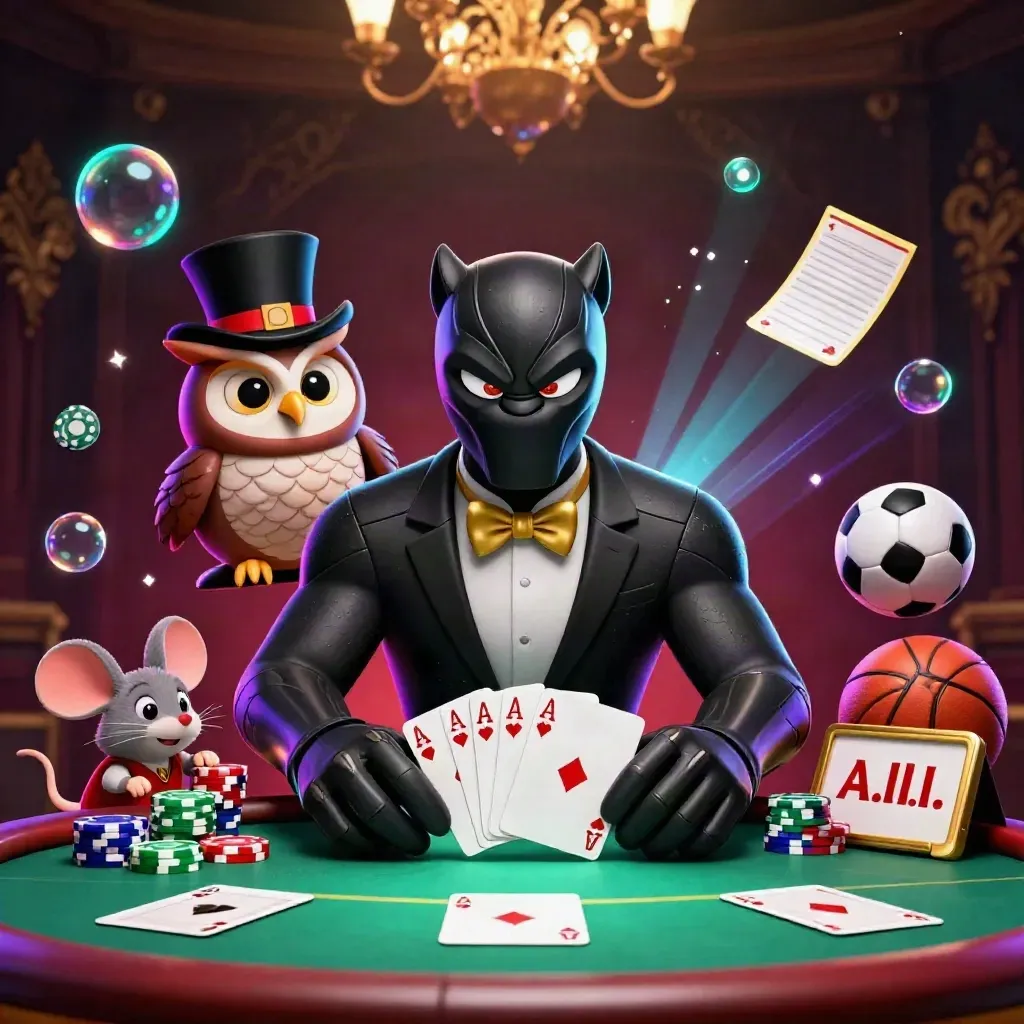 Panther, owl and mouse play poker amid chips, aces and glowing casino sports props