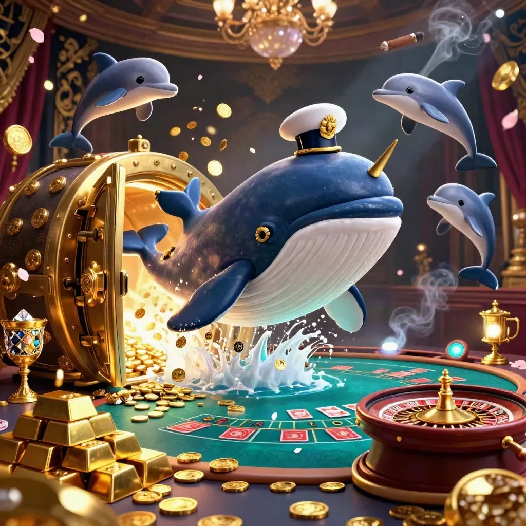 Whale captain, narwhal, and dolphins burst through coins in a luxe navy-and-gold casino room.