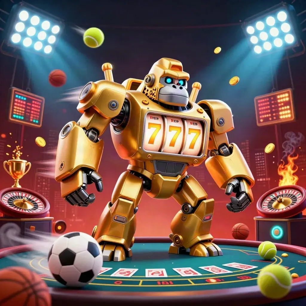 Golden gorilla mech with monkey pilot in a casino scene, sports balls, coins, lights, and smoke.