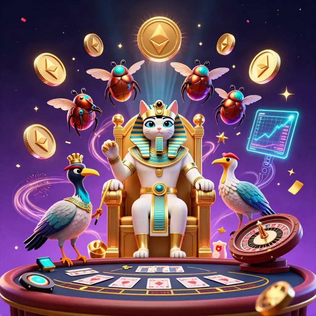 Pharaoh cat, ibis scribe, and gem-wing scarabs amid neon crypto casino magic.