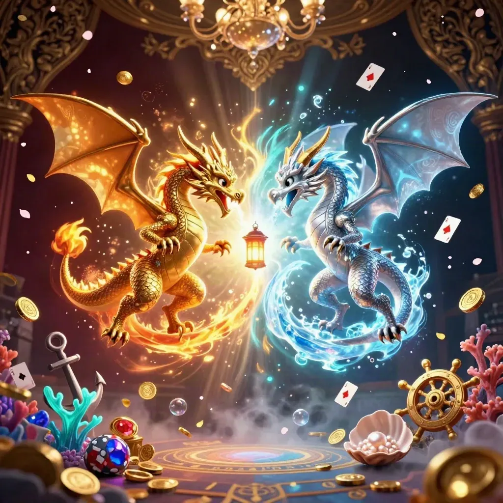 Gold and silver dragons spiral around a lantern spirit in a treasure cove of coins and coral