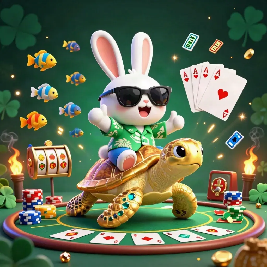 Lucky rabbit rides a gem-shell sea turtle amid poker chips, cards, and glowing casino magic.
