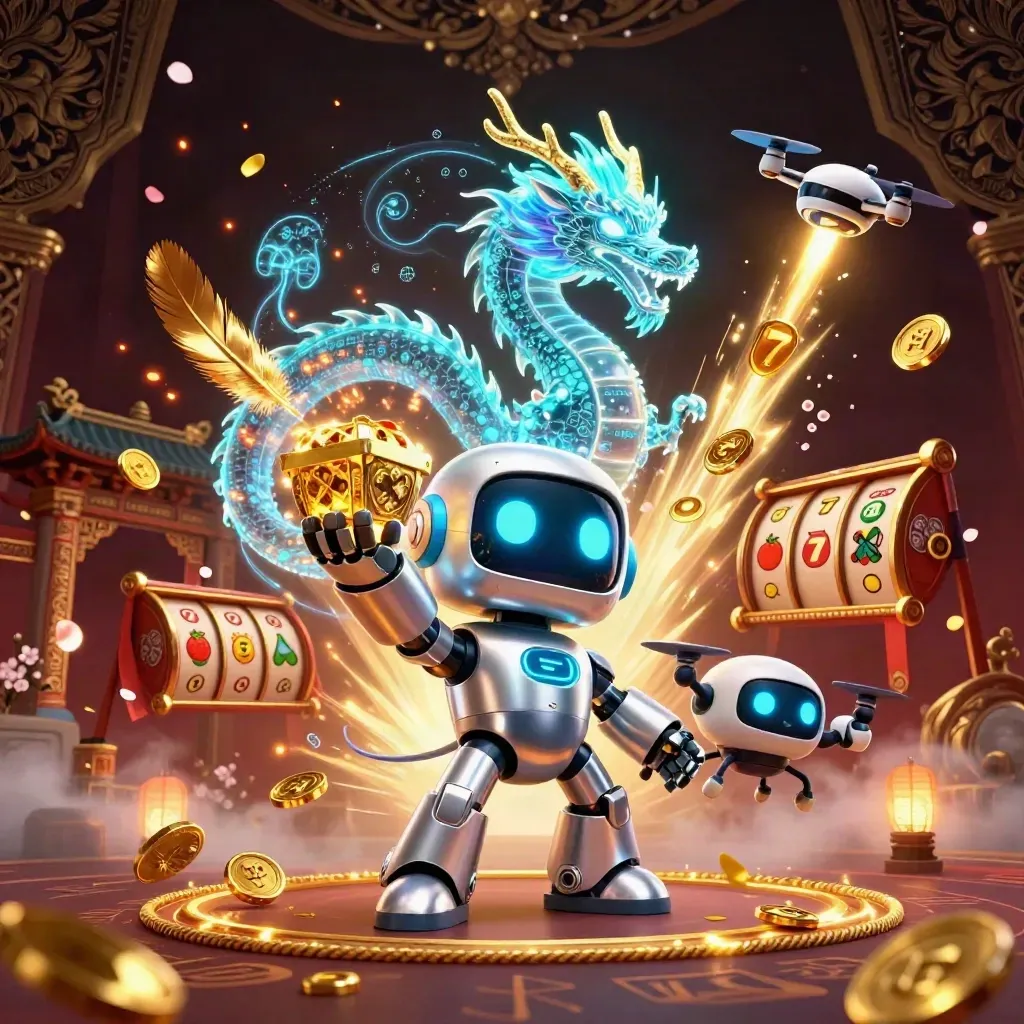 Cyberpunk robot, holographic dragon, and drone burst through coins in a luxe casino-temple scene.