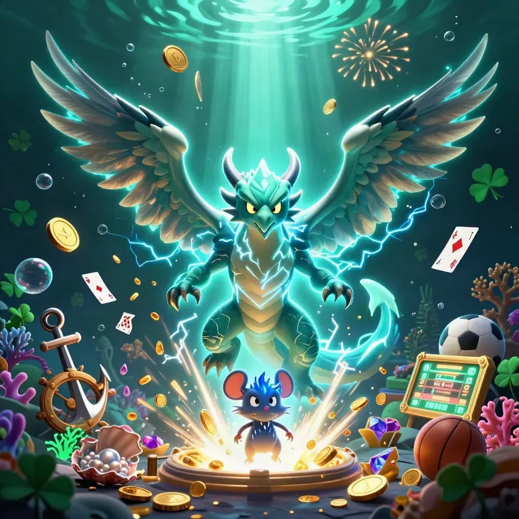 Thunder dragon, wind hawk, and thunder-mouse amid gold coins, treasure, and casino sparks