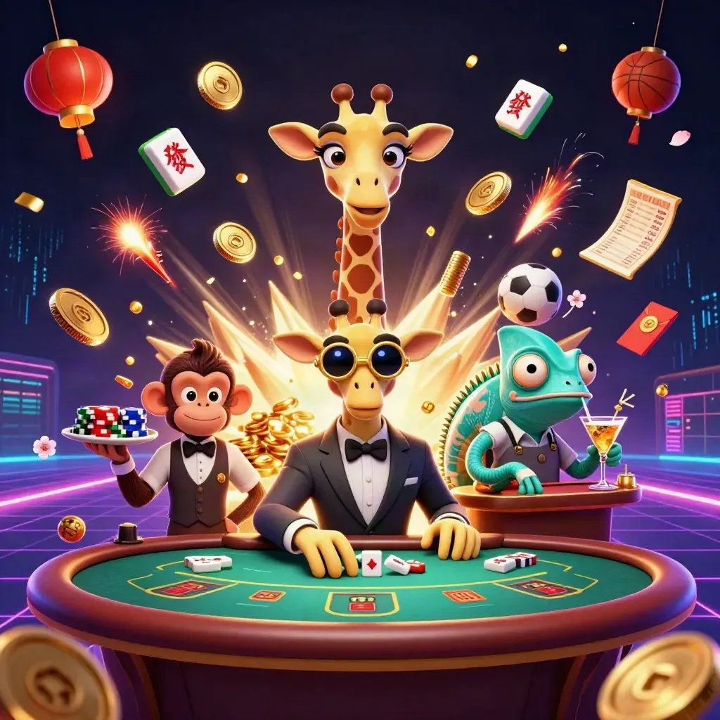 Giraffe, monkey, and chameleon in a bursting casino scene with coins, lanterns, and sports bets