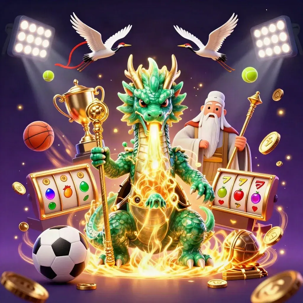 Emerald dragon, turtle sage, and cranes amid sports balls, coins, and casino glow