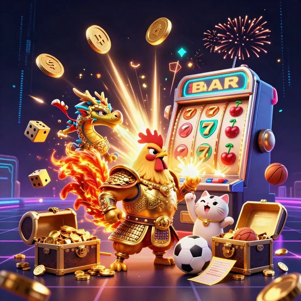 Rooster warrior, dragon hatchling, and fortune-cat amid exploding slot loot and neon casino effects.