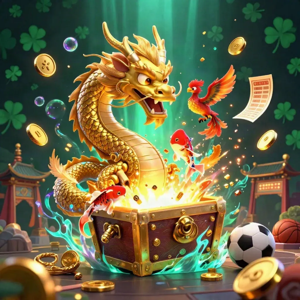 Golden dragon, phoenix, koi and coins erupt amid neon casino lights and sports bets.