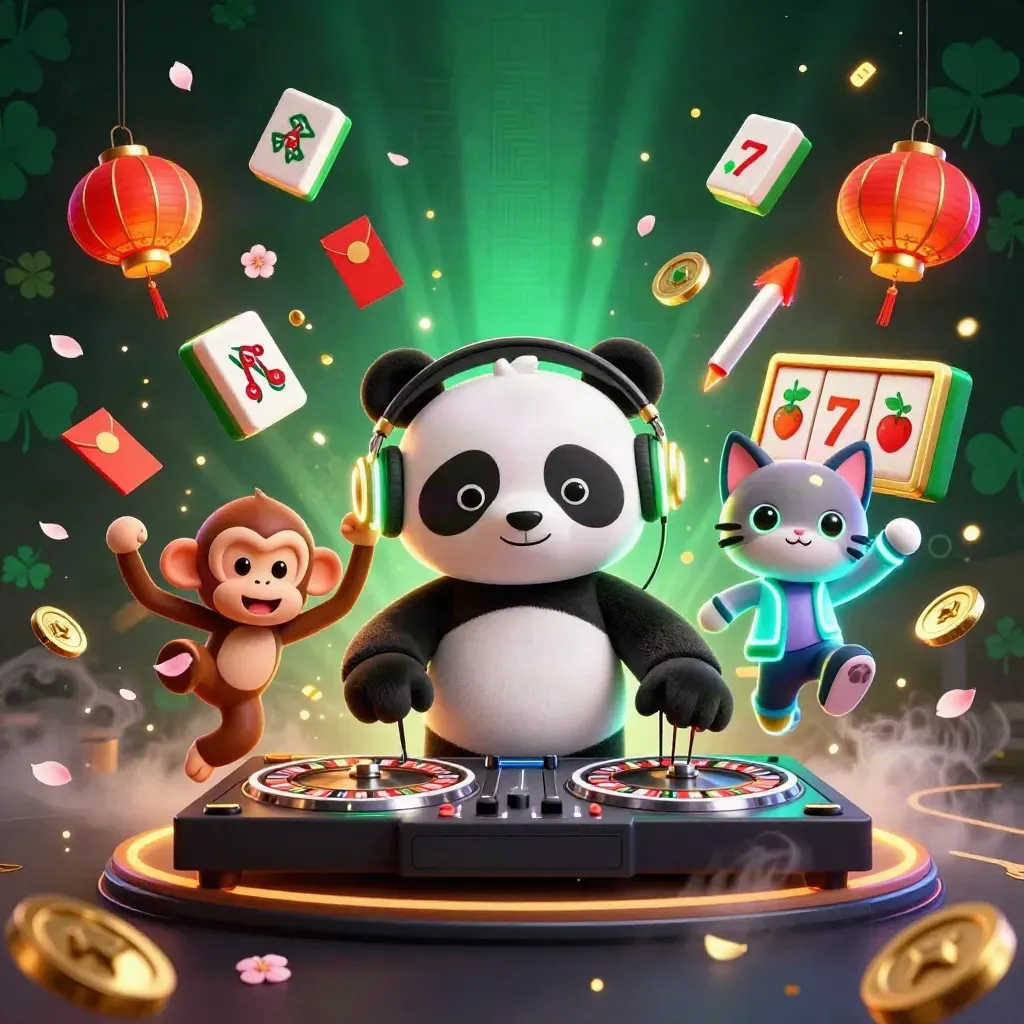 Panda DJ, monkey, and rave kitten amid casino symbols on a dark emerald glow