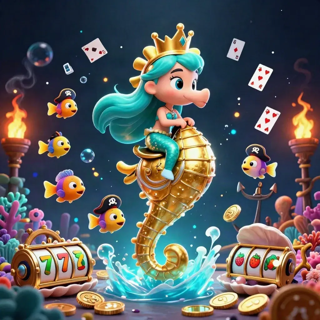 Mermaid princess rides a golden seahorse amid coins, coral, cards, and casino symbols.