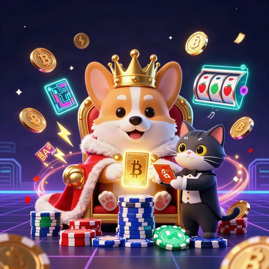 Royal corgi king and cat butler amid casino coins, reels, lightning, and neon effects.