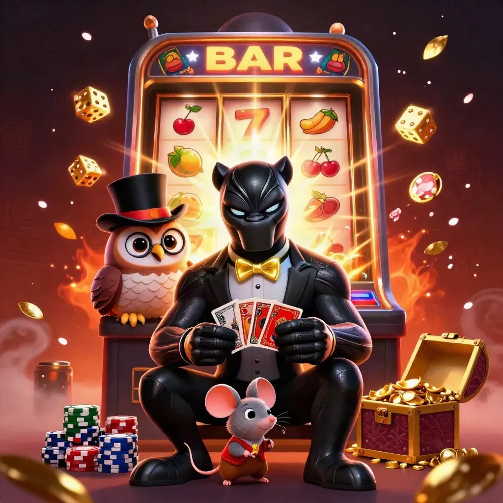 Panther, owl, and mouse burst from a jackpot slot machine amid gold coins and glowing casino effects.