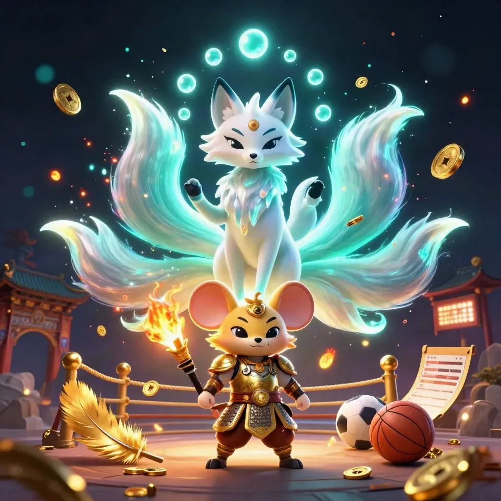 Nine-tailed fox spirit and armored mouse amid casino and sports betting effects in neon gold and teal.