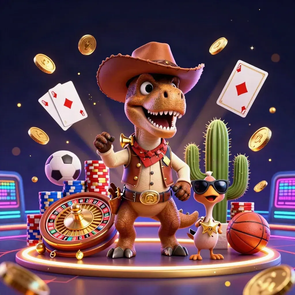 Cowboy T-Rex trio with casino coins, roulette, chips, and neon glow on dark background.