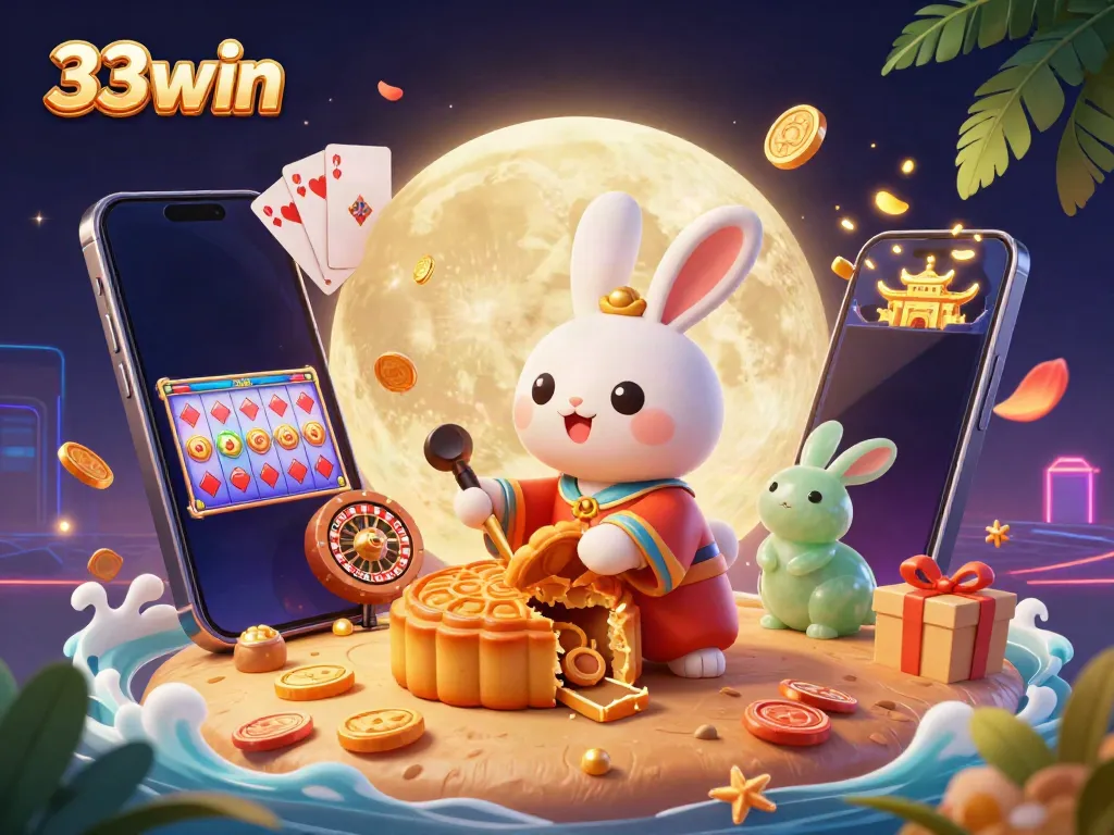 Experience 33win's vibrant casino culture with a lively moon rabbit scene.