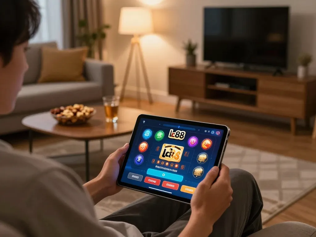 Person enjoying online gambling at home using a tablet displaying the lc88 link on screen.