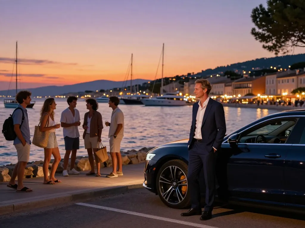 Taxi Saint Tropez offrant des services de transport de luxe avec un chauffeur professionnel dans un cadre côtier pittoresque.