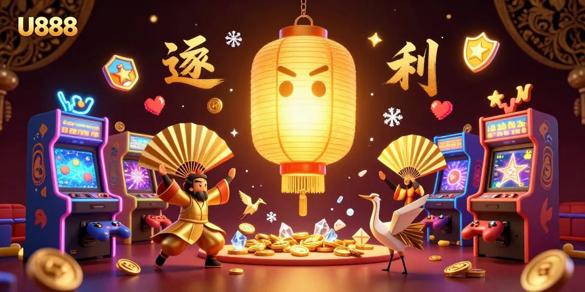 Experience vibrant gaming fun with U888’s captivating casino scene featuring golden lantern spirits.
