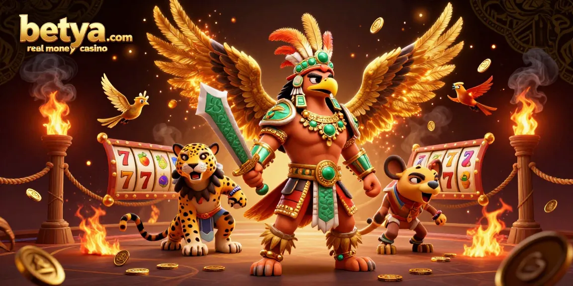 Experience the excitement at betya.com real money casino with vibrant 3D warriors amidst golden gaming elements.