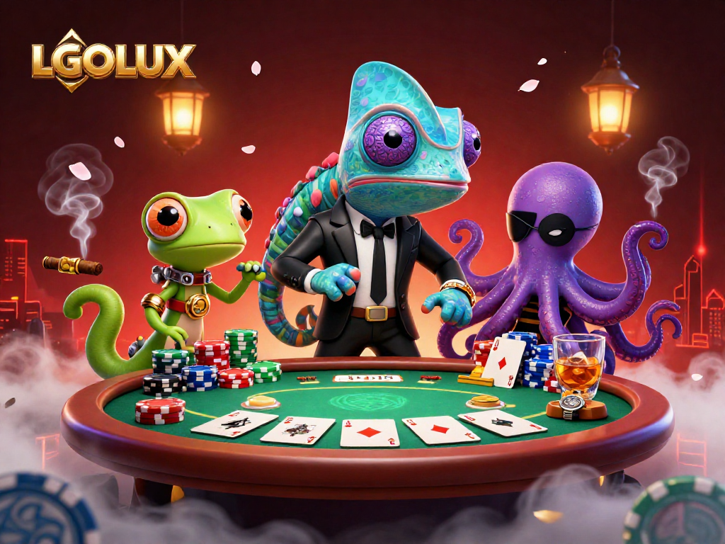Experience the thrilling world of LGOLUX slots with colorful poker chips and vibrant characters in a dynamic scene.