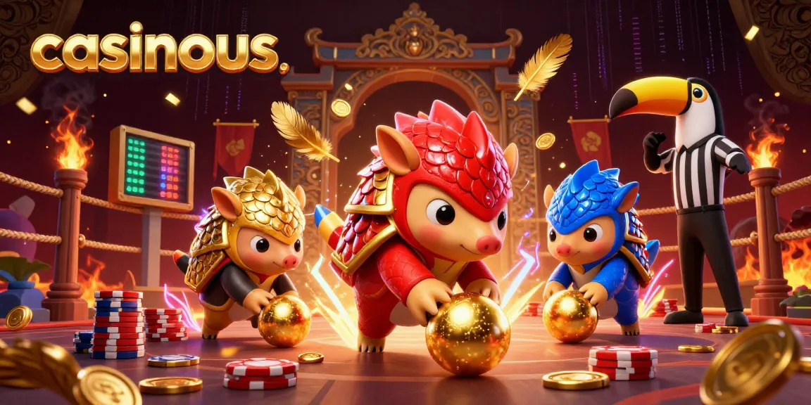 Rival pangolins roll golden balls through poker chips in a vibrant casinous scene.
