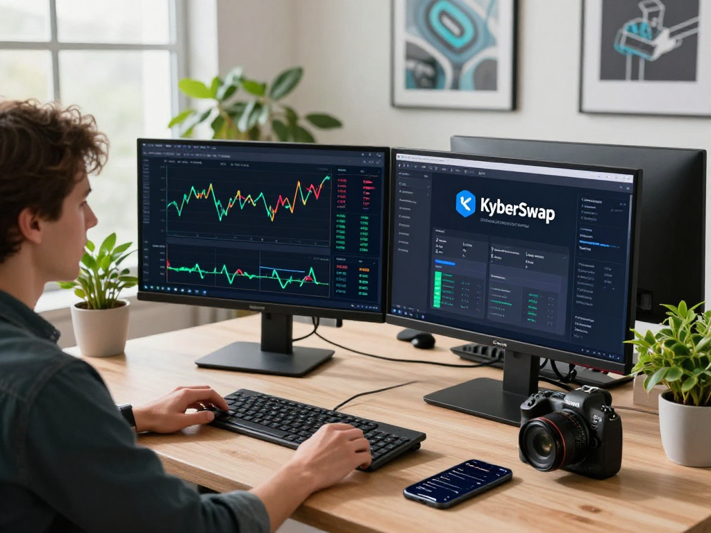 Dynamic kyber-swap trading setup with crypto charts and modern workspace elements.