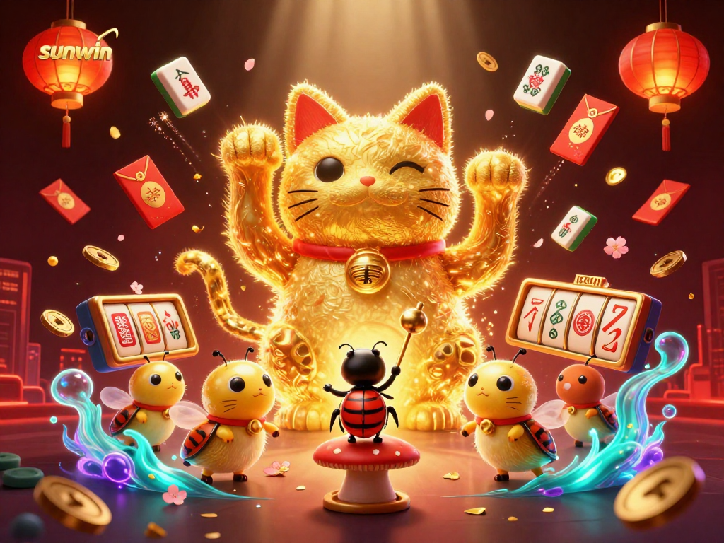 Experience the excitement of sunwin with a vibrant 3D illustration of a lucky cat and casino symbols.