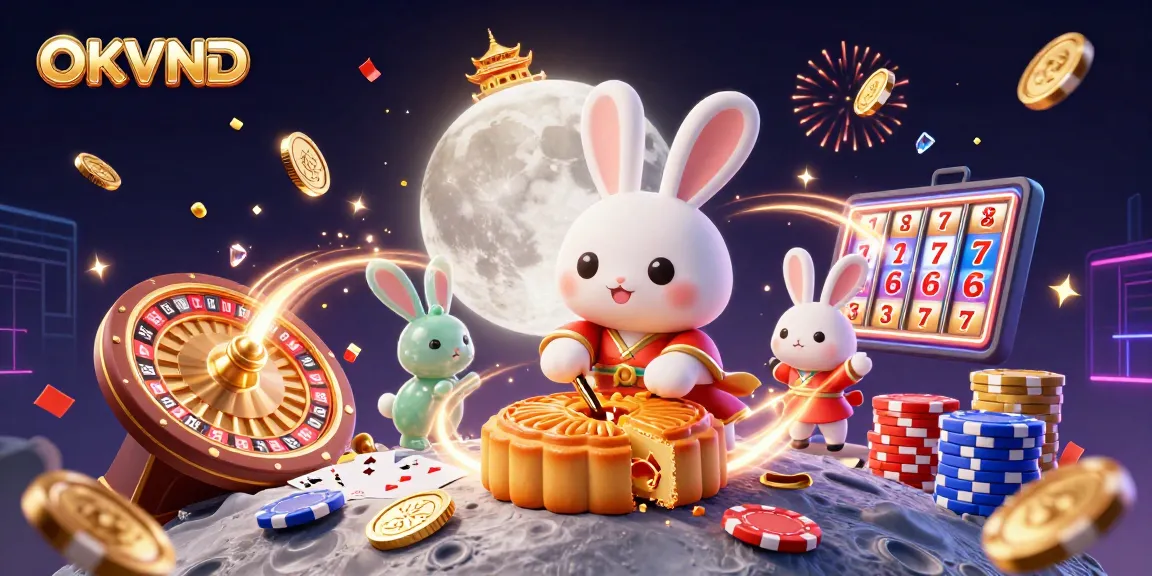 Experience exhilarating wins with OKVND while enjoying a dynamic 3D illustration of a moon rabbit and casino elements.
