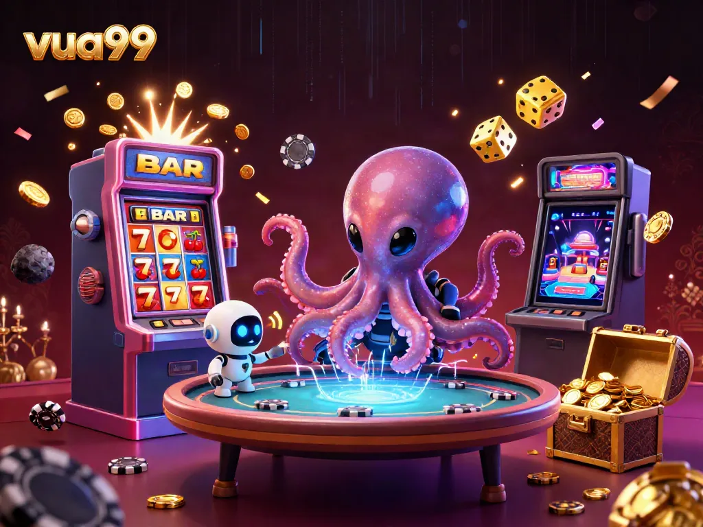 Experience the thrilling gaming universe of vua99 with an alien octopus at a holographic table, jackpot excitement all around.