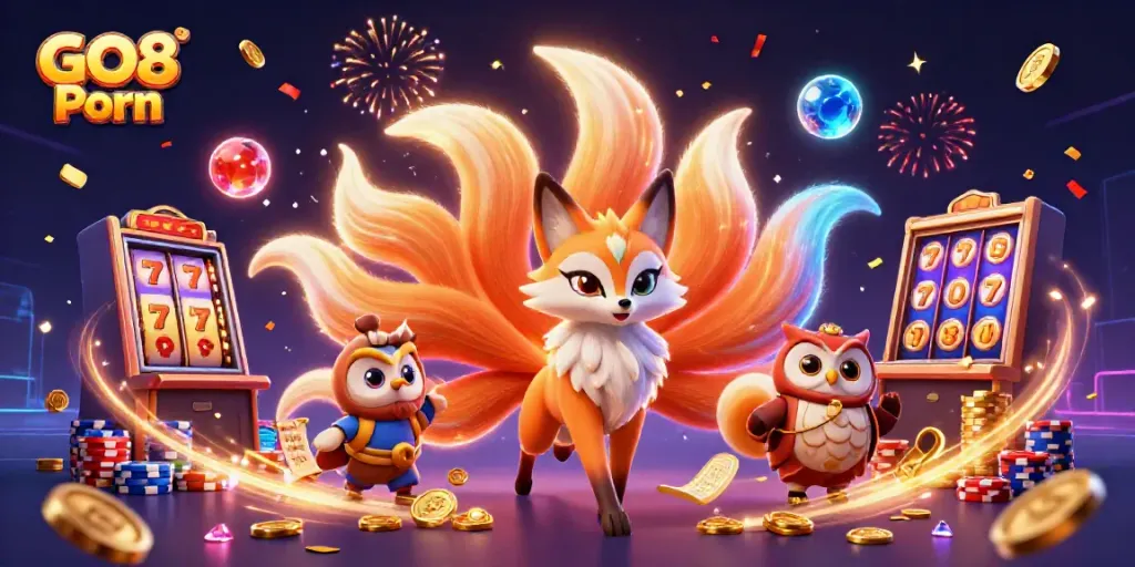 Experience the excitement of GO8 Porn slots with vibrant characters and dazzling casino elements.