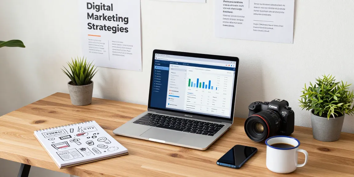 Engaging workspace for telegraimin.com digital marketing, featuring laptop, notes, and coffee.
