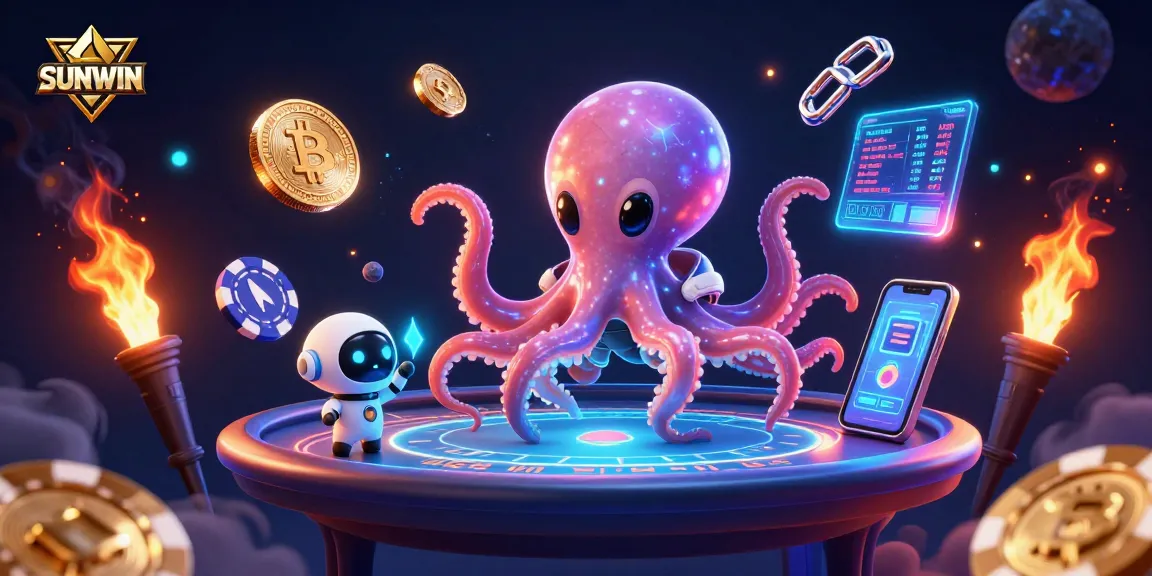 SUNWIN captures the excitement of winning at poker with a vibrant alien octopus dealer and glowing crypto elements.
