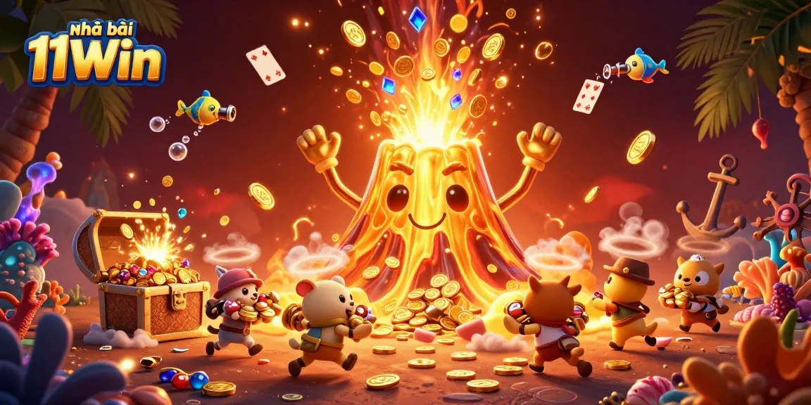 Engage with the thrilling treasures of Nhà cái 11Win, featuring a golden volcano and explorer animals amidst colorful gems.