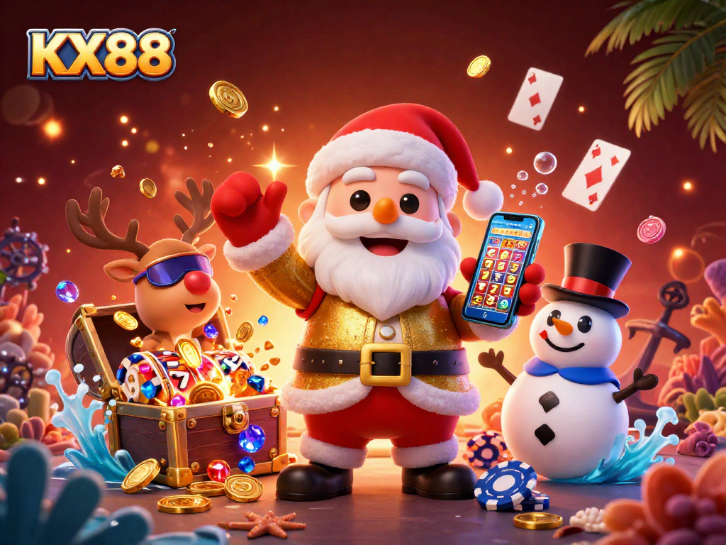 KX88 offers exciting jackpots and vibrant gaming experiences with Santa, a reindeer dealer, and a poker chip snowman.