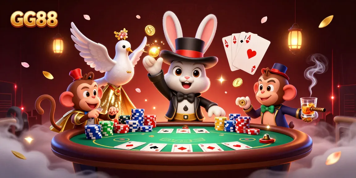 Win big at GG88 with a magical casino scene featuring charm and excitement from playful characters.