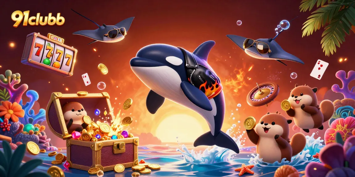 Engage with 91clubb in a vibrant underwater casino adventure featuring animated characters and dynamic slot elements.