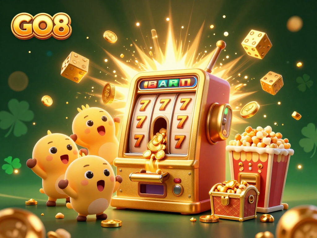 Win big with GO8's exciting jackpot scene featuring a golden slot machine celebrating wins with coins flying everywhere.