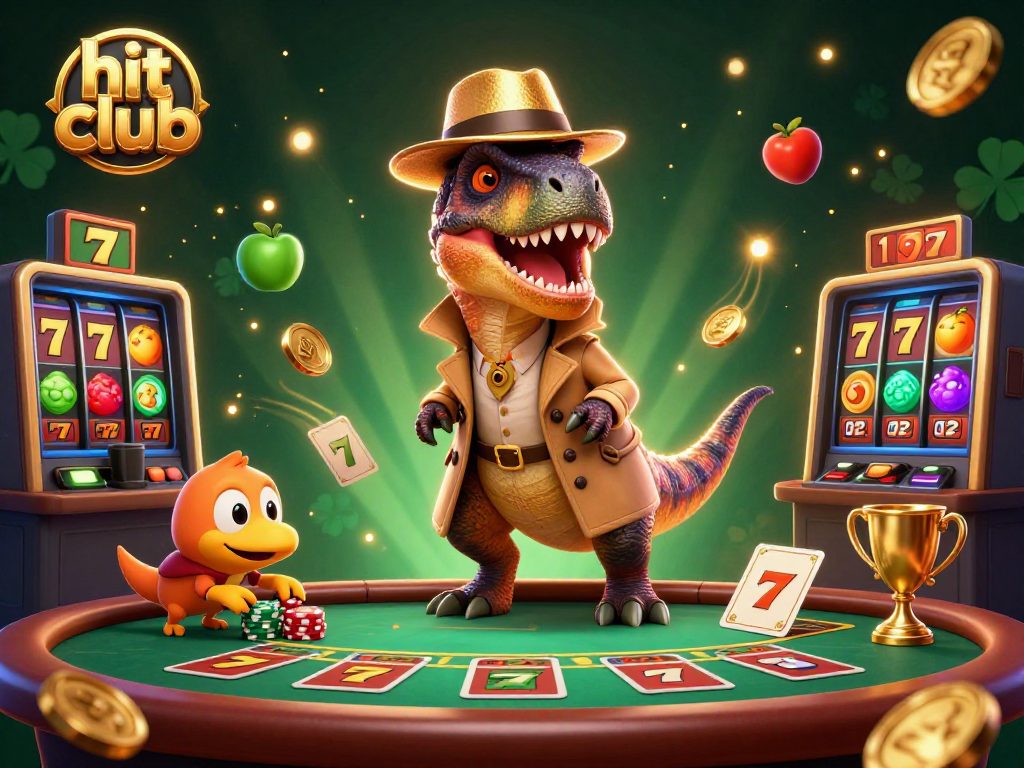 Experience the thrill of the hit club with a playful velociraptor at the blackjack table amidst colorful slot elements.