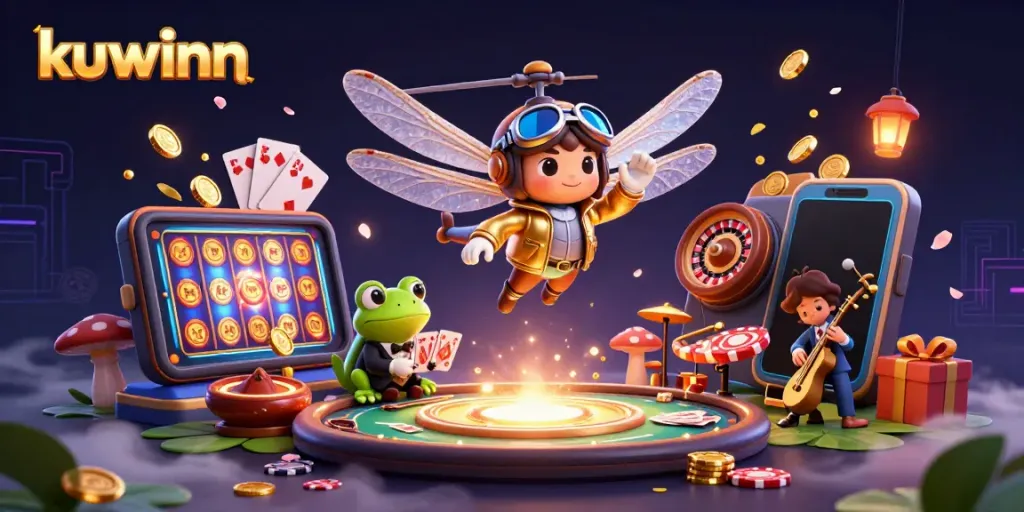 Experience exciting gambling action with Kuwinn featuring a dragonfly pilot and frog dealer in a vibrant casino scene.