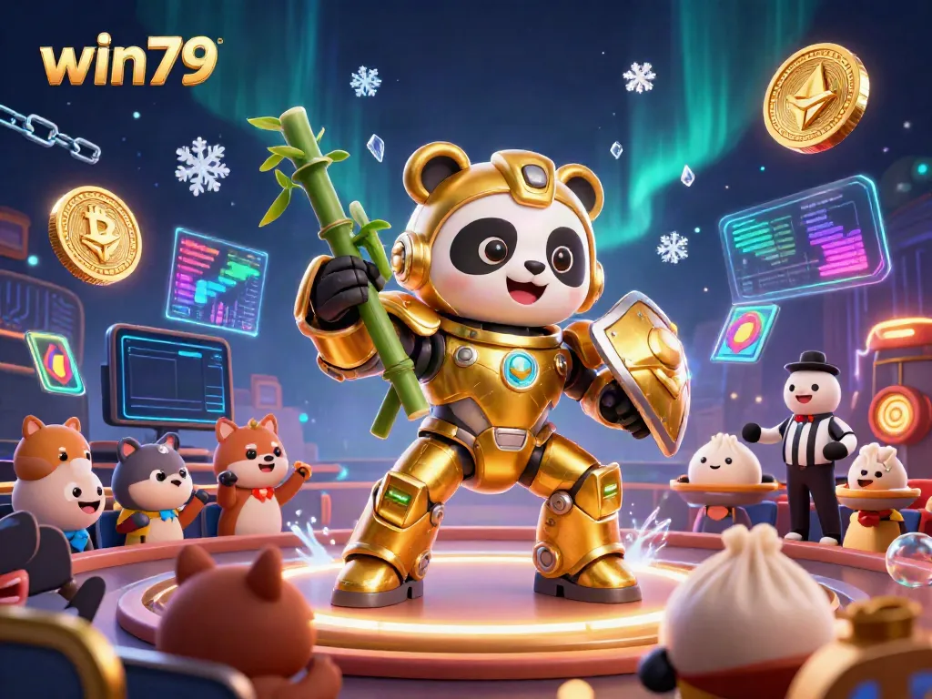 Engage in thrilling gameplay at win79 with a golden panda piloting a robot in a vibrant casino scene.