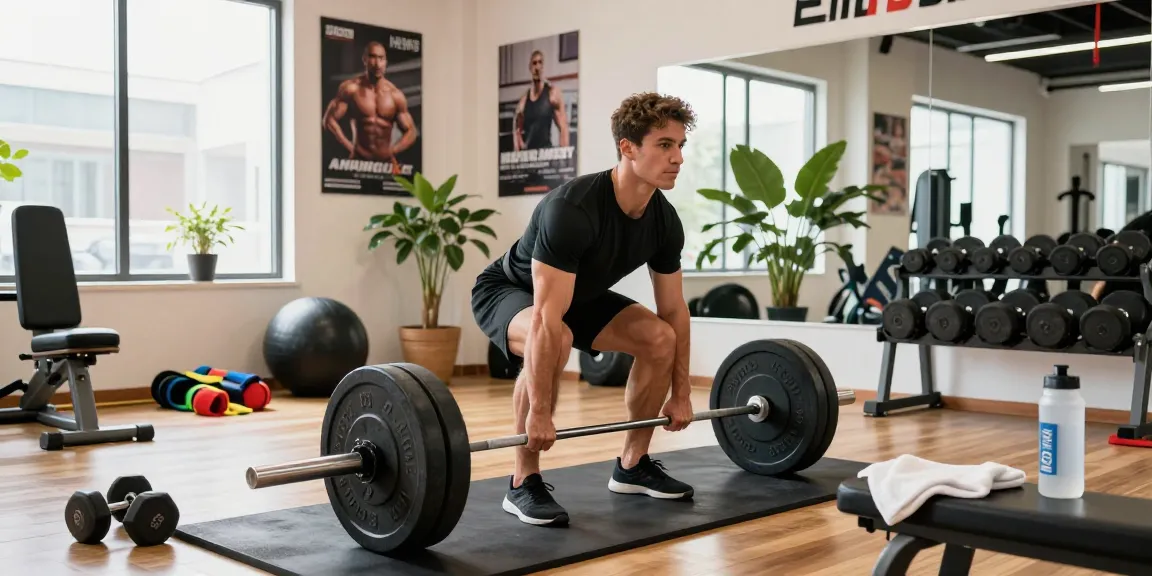Bodybuilder lifting weights in a bright gym, representing strength and the Anabolika Shop.