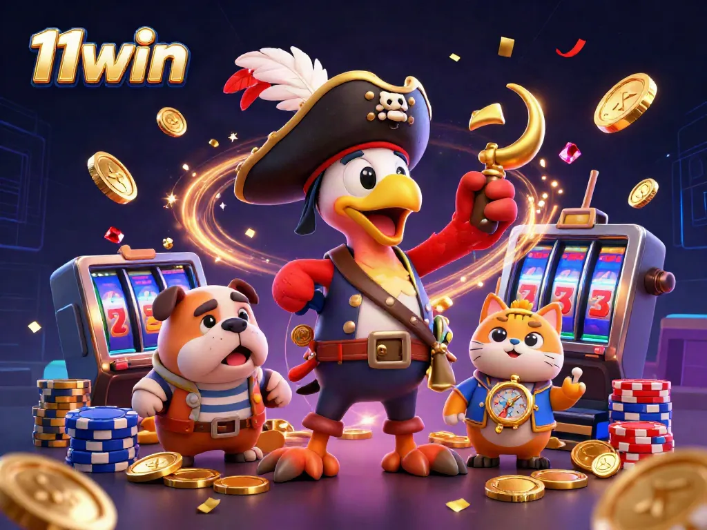 11win casino scene with a pirate captain parrot, bulldog, and cat, surrounded by gold coins and poker chips.