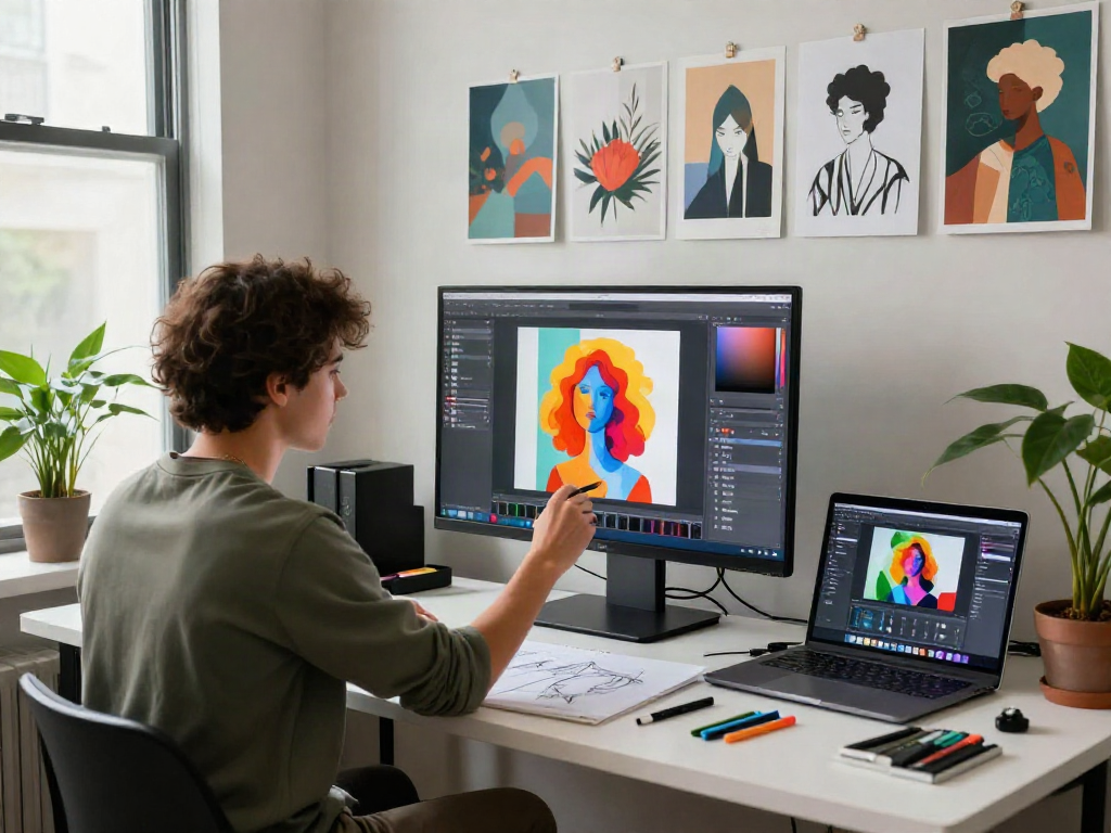 Artist using ai image editor on touchscreen in a modern creative studio